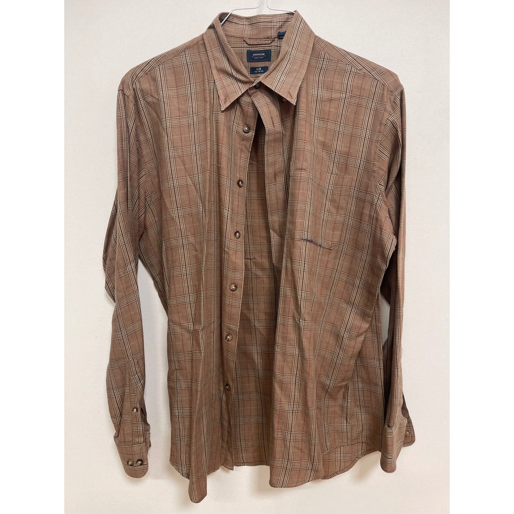 Arrow USA 1851 Mens Brown Glen Plaid Long Sleeve Button Down Shirt Large 16-16.5